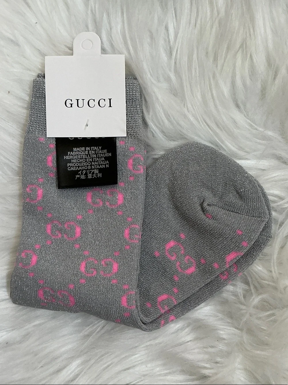 Designer GG Sparkling Glitter Gray and Pink Logo Socks